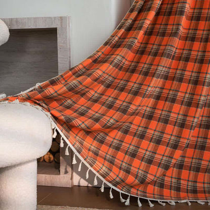 Bright Orange Plaid Tassel Curtain - Grommet - 59" x 110" - image 2