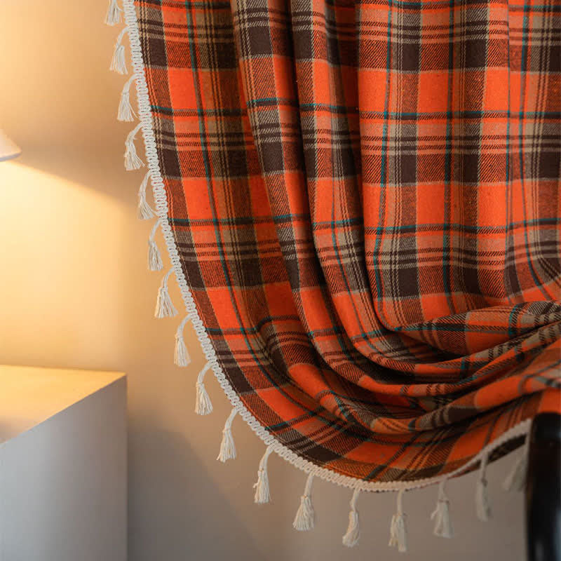 Bright Orange Plaid Tassel Curtain - image 5