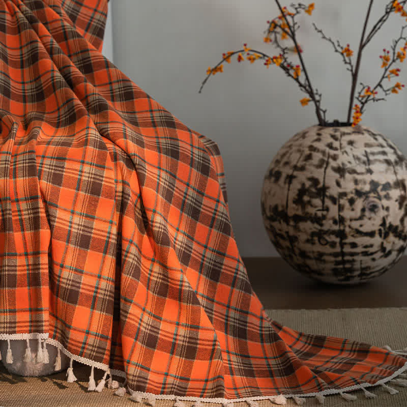 Bright Orange Plaid Tassel Curtain - image 10