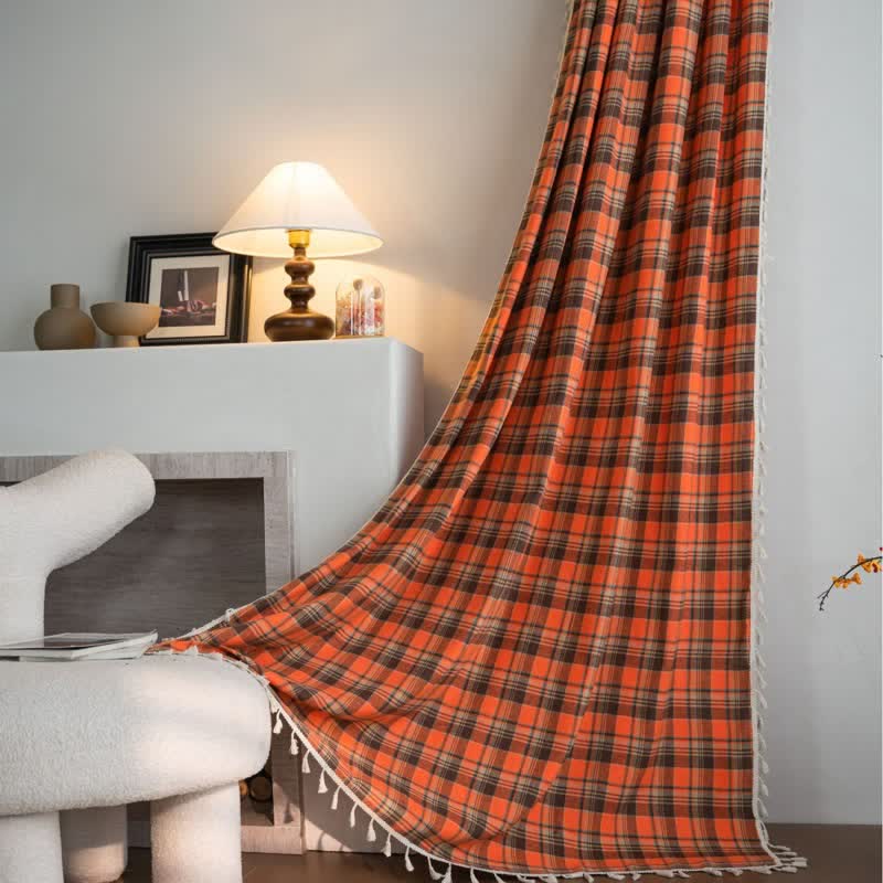Bright Orange Plaid Tassel Curtain - image 1
