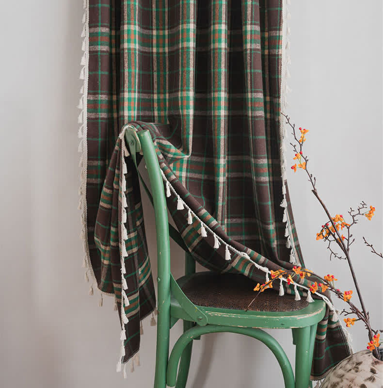 Vintage Style Green Plaid Tassel Curtain - image 5