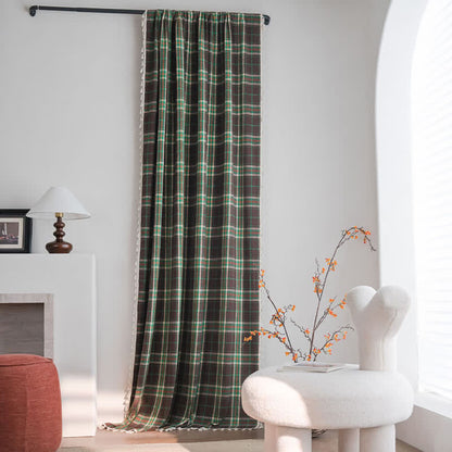 Vintage Style Green Plaid Tassel Curtain - Grommet - 59" x 110" - image 0