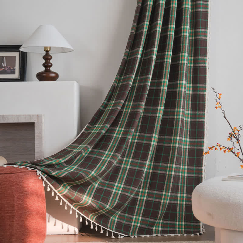 Vintage Style Green Plaid Tassel Curtain - image 1