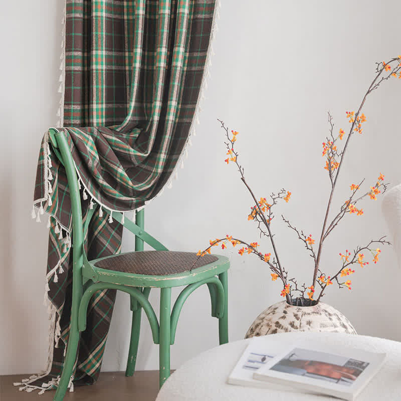 Vintage Style Green Plaid Tassel Curtain - image 4