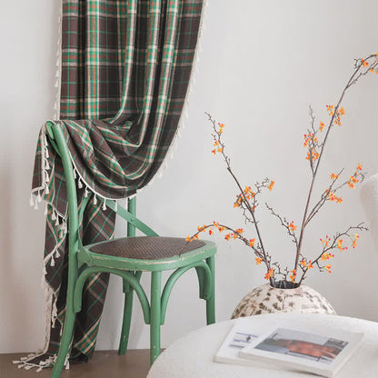 Vintage Style Green Plaid Tassel Curtain - image 4