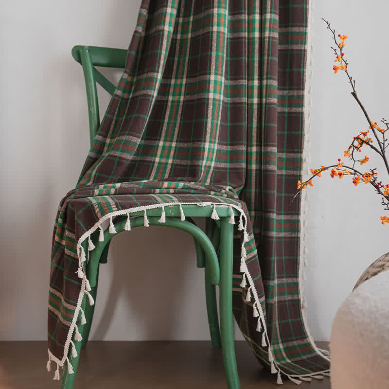Vintage Style Green Plaid Tassel Curtain - image 3