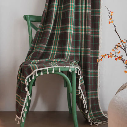 Vintage Style Green Plaid Tassel Curtain - image 3