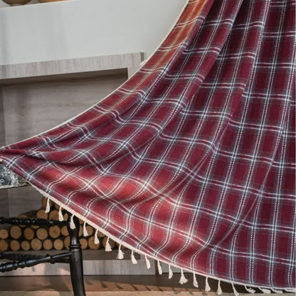Vintage Style Burgundy Plaid Tassel Curtain - image 2