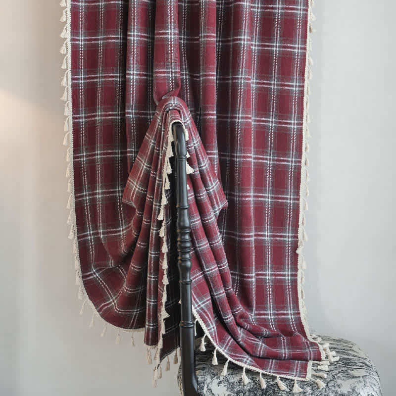 Vintage Style Burgundy Plaid Tassel Curtain - image 5
