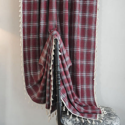 Vintage Style Burgundy Plaid Tassel Curtain - image 5