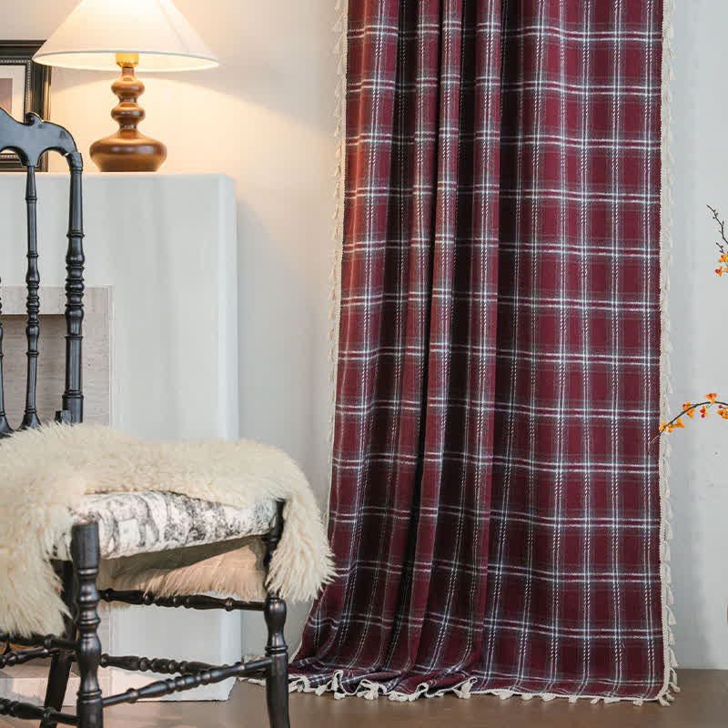 Vintage Style Burgundy Plaid Tassel Curtain - image 1