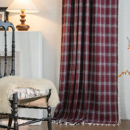 Vintage Style Burgundy Plaid Tassel Curtain - image 1