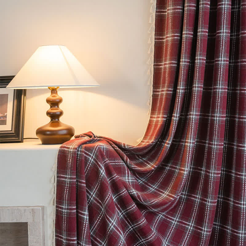 Vintage Style Burgundy Plaid Tassel Curtain - image 4