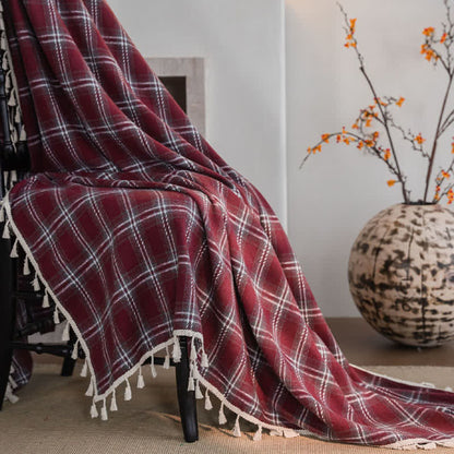 Vintage Style Burgundy Plaid Tassel Curtain - image 3