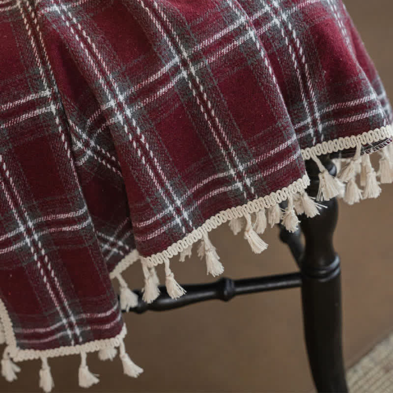 Vintage Style Burgundy Plaid Tassel Curtain - image 11