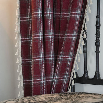 Vintage Style Burgundy Plaid Tassel Curtain - image 9