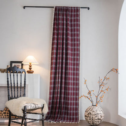 Vintage Style Burgundy Plaid Tassel Curtain - Grommet - 59" x 110" - image 0