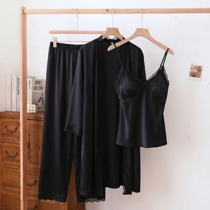 Elegant Silky Lace Trim Loungewear Set(3PCS) - Black - XL - image 3