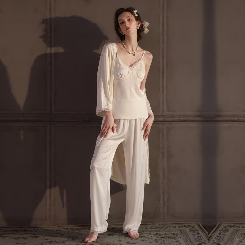 Elegant Silky Lace Trim Loungewear Set(3PCS) - image 7