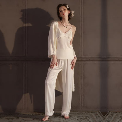 Elegant Silky Lace Trim Loungewear Set(3PCS) - image 7