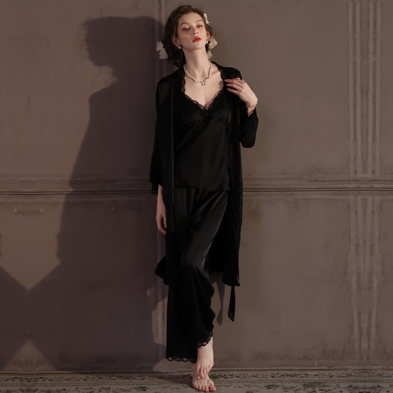 Elegant Silky Lace Trim Loungewear Set(3PCS) - image 4