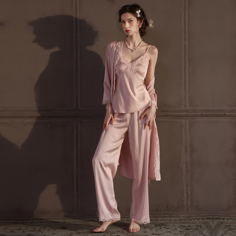 Elegant Silky Lace Trim Loungewear Set(3PCS) - image 1