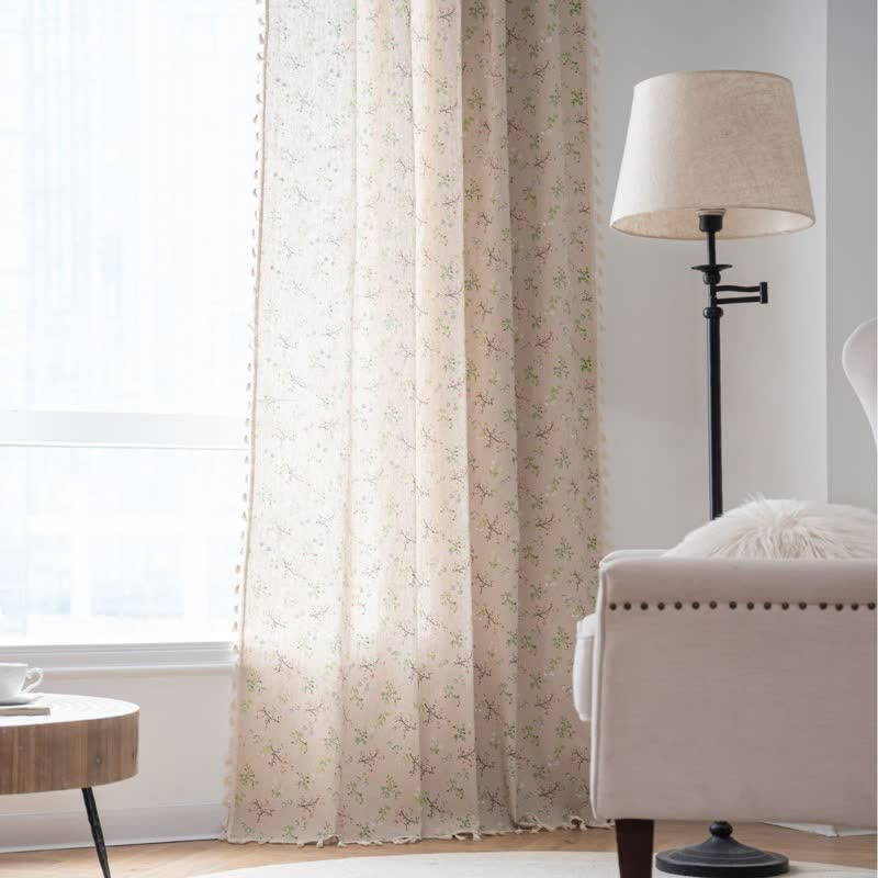 Elegant Branch & Floral Curtain with Tassel - image 1