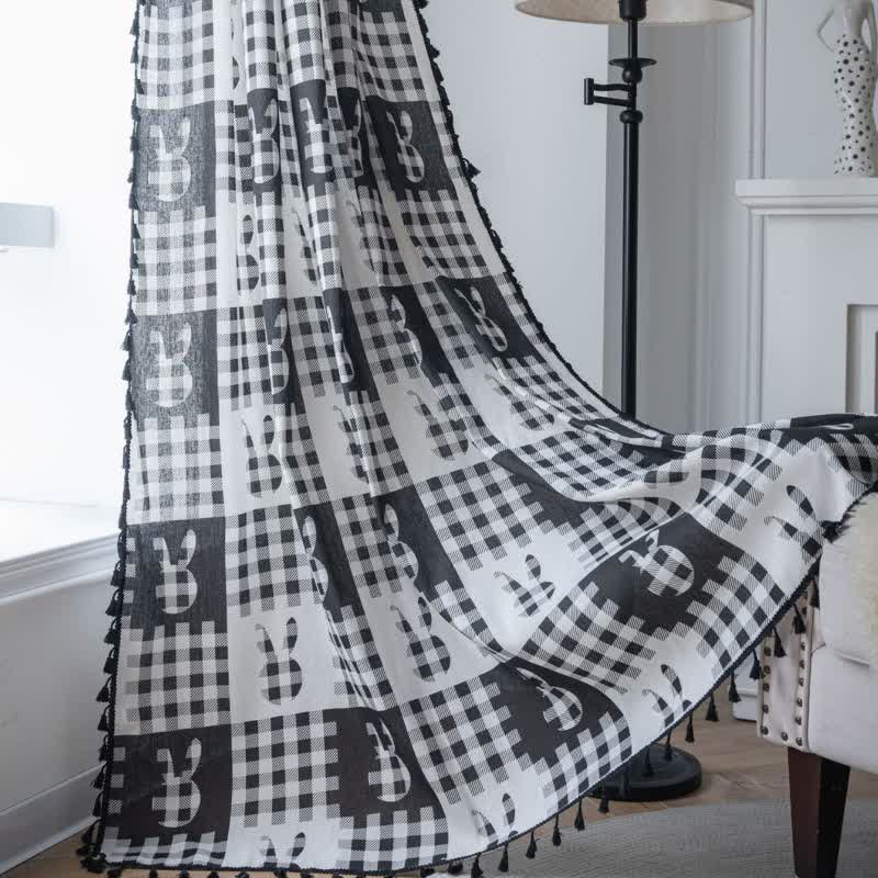 Rustic Bunny & Plaid Curtain with Tassel - image 3