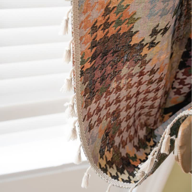 Colorful Houndstooth Jacquard Curtain with Tassel - image 2