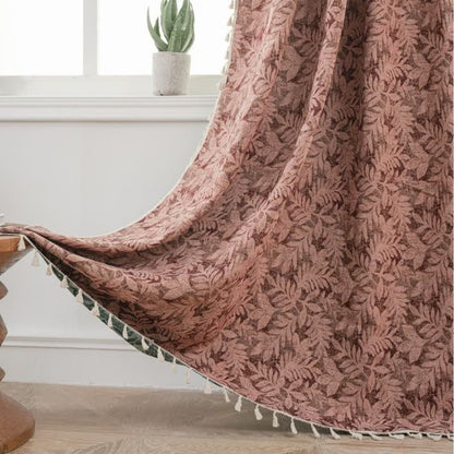 Vintage Leaf Jacquard Curtain with Tassel - Red - Grommet - 59" x 118" - image 1
