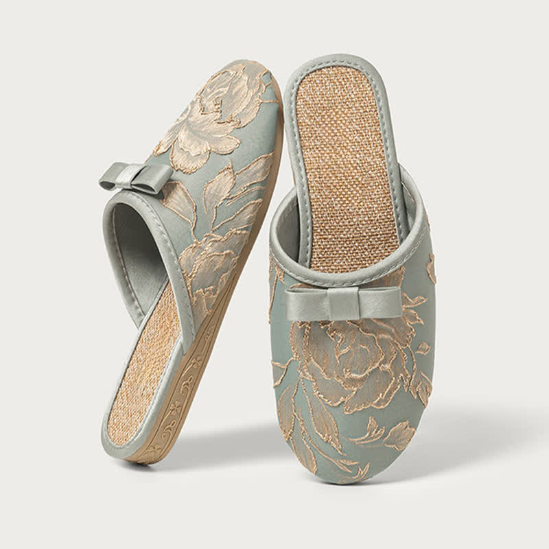 Embroidery Linen Slippers with Closed Toe - Blue Green - XL - image 8
