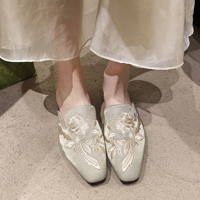 Elegant Floral Embroidery Pointed-Toe Mules - Gray Green - 2XL - image 9