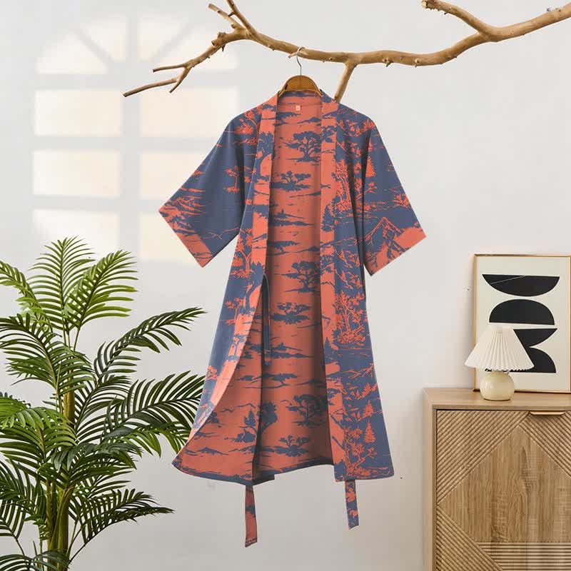 Unisex Mountain & Tree Cotton Gauze Kimono Robe - image 1