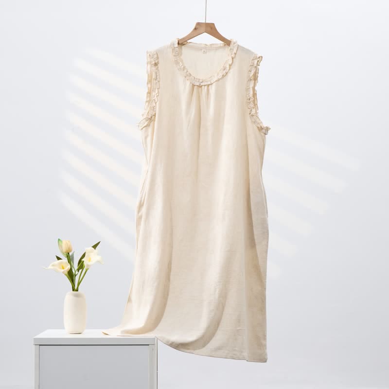 Minimalist Style Pure Cotton Sleeveless Nightgown - Beige - XL - image 0