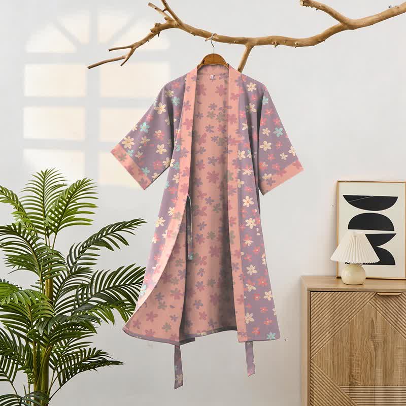 Purple Floral Cotton Gauze Kimono Robe - image 1