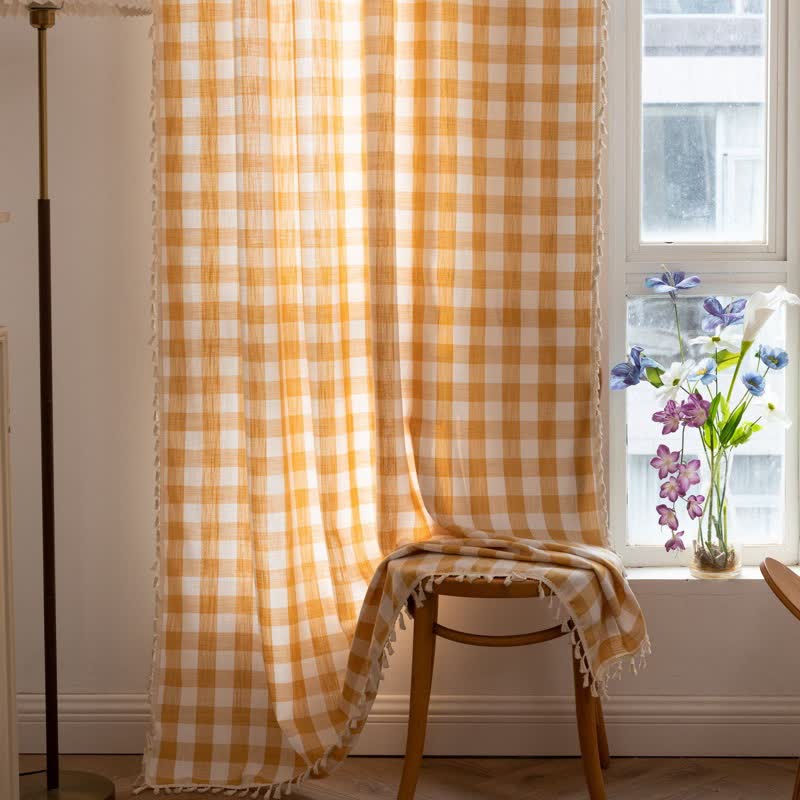 Country Style Grid Curtain with Tassels - image 14