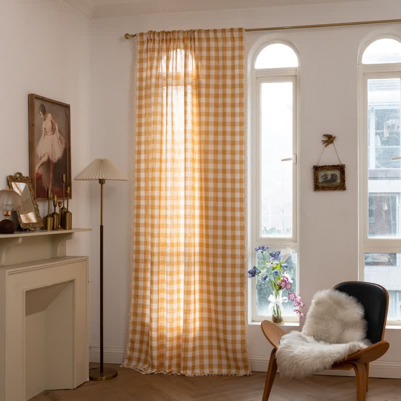 Country Style Grid Curtain with Tassels - Yellow - 55" x 118" - image 13