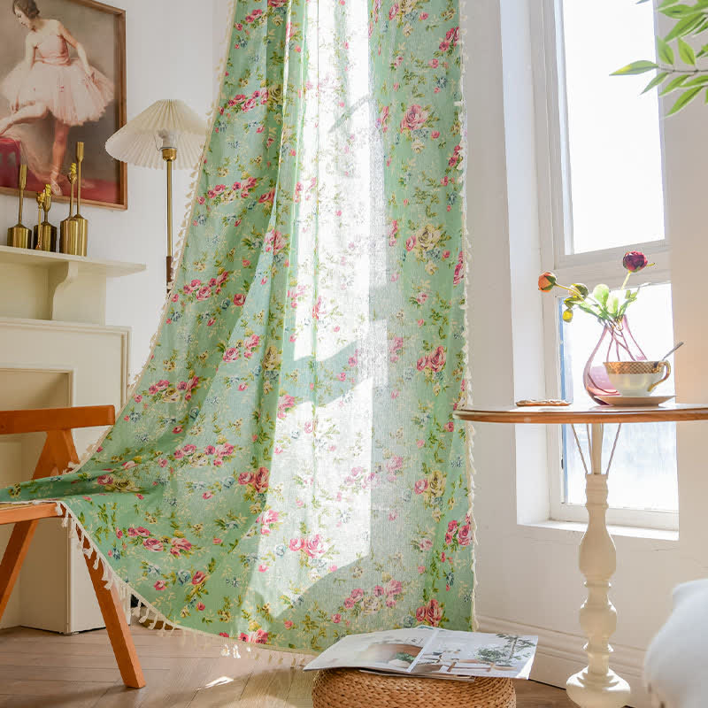 Rustic Green Rose Curtain with Tassel - image 3