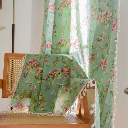 Rustic Green Rose Curtain with Tassel - image 5