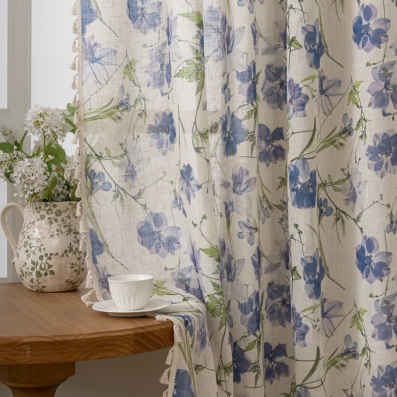 Blue Floral Print Curtain With Tassel - image 3