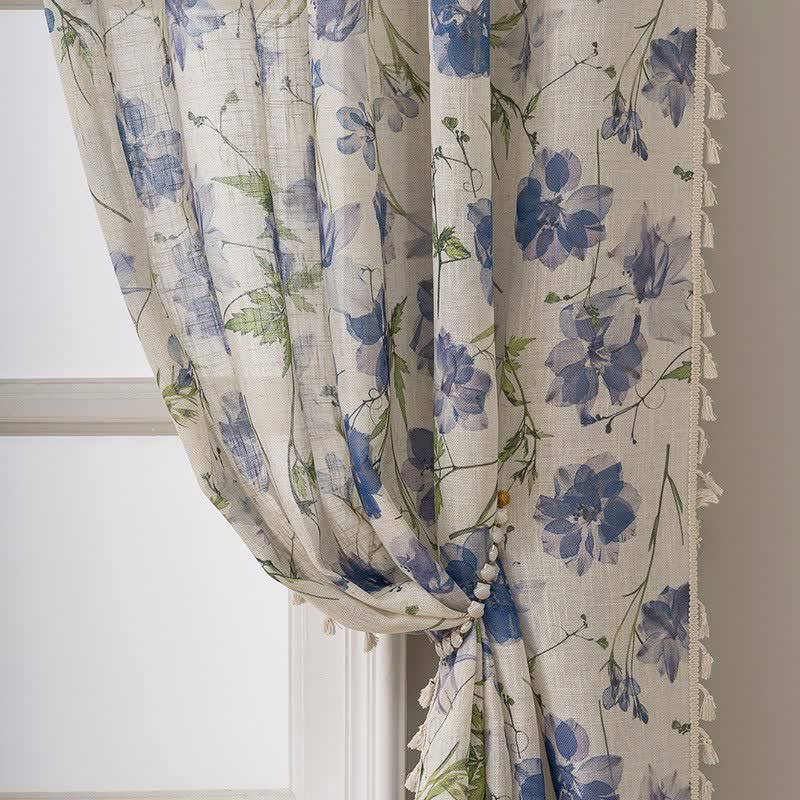 Blue Floral Print Curtain With Tassel - image 2