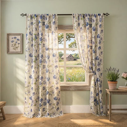 Blue Floral Print Curtain With Tassel - 52" x 95" - image 0
