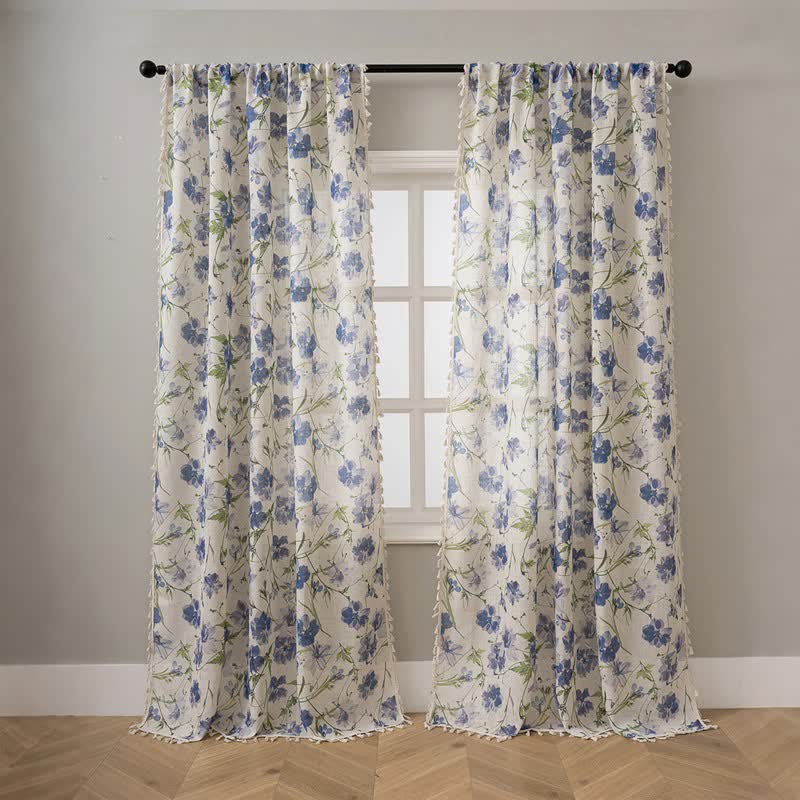 Blue Floral Print Curtain With Tassel - image 1