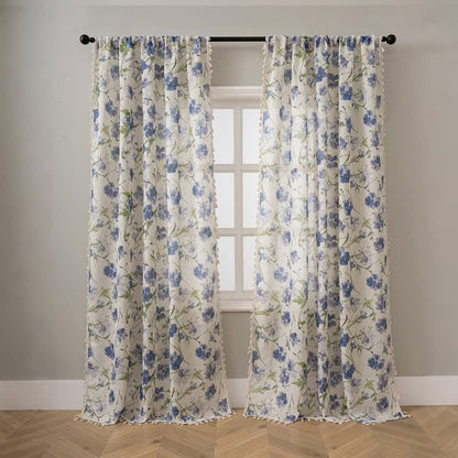 Blue Floral Print Curtain With Tassel - image 1