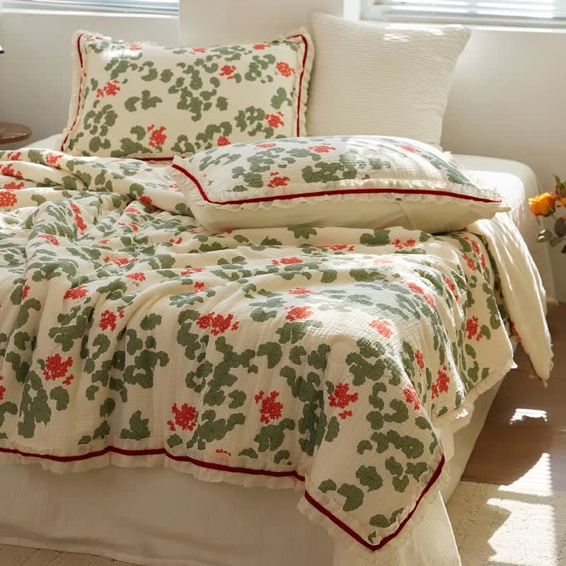 Floral & Leaf Ruffled Cotton Gauze Quilt - Quilt with 2PCS Pillowcases - Queen - image 0