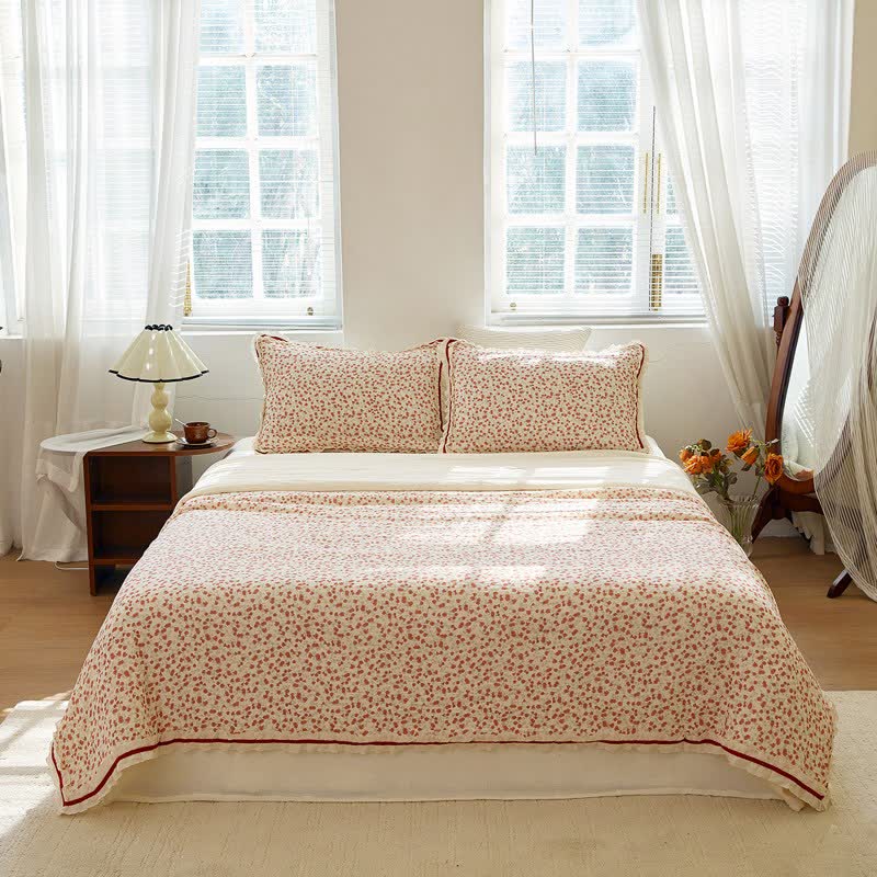 Red Floral Ruffled Cotton Gauze Quilt - image 1