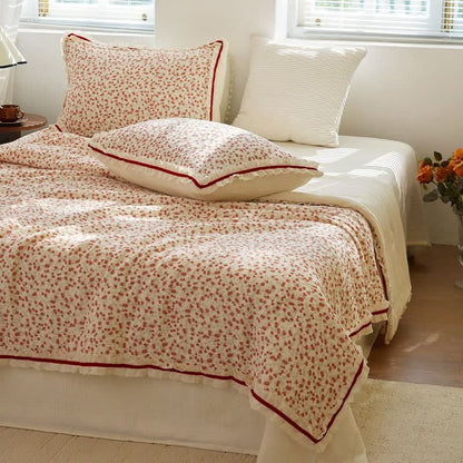 Red Floral Ruffled Cotton Gauze Quilt - image 3