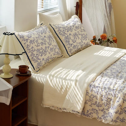 Blue Leaf Ruffled Cotton Gauze Quilt - image 4