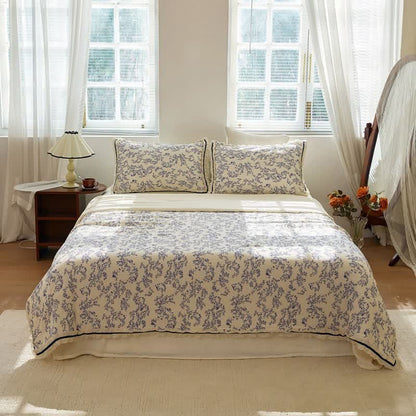 Blue Leaf Ruffled Cotton Gauze Quilt - image 1