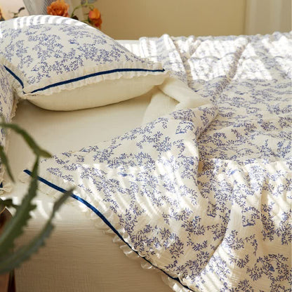 Blue Leaf Ruffled Cotton Gauze Quilt - image 8